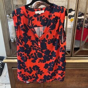 LOFT Orange and Blue Blouse with Floral Print and V-Neck